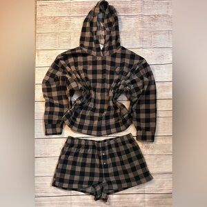 PINK Victoria's Secret Plaid Hooded Sleep Set in Black and Brown